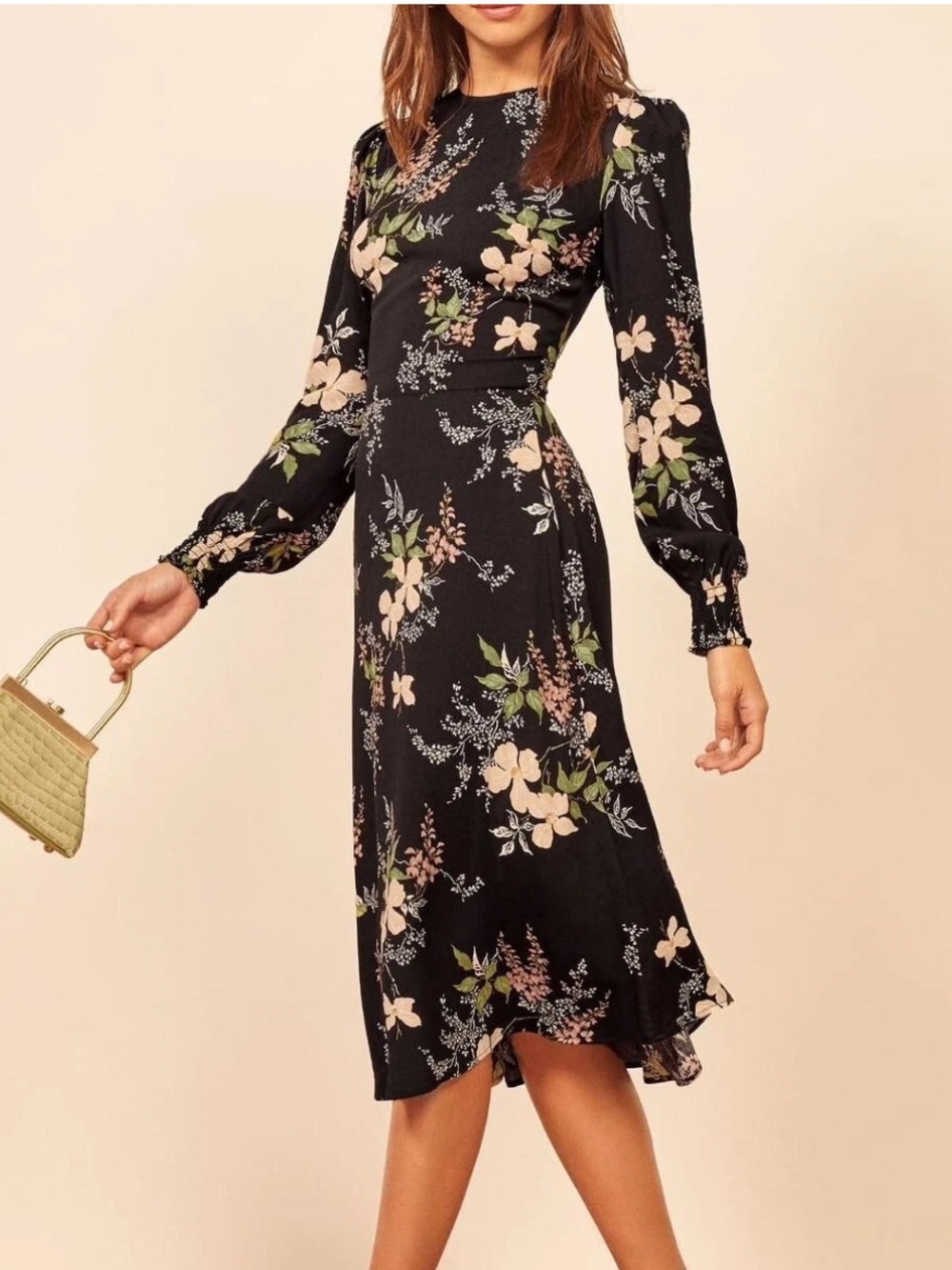 Reformation Kellen Midi Dress in Graciella Navy Yellow Floral Print size 8 $218